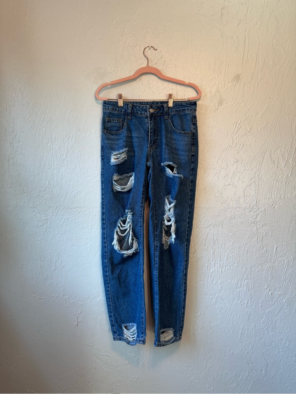 SHEIN Distressed Straight Leg Dark Blue Mom Jeans